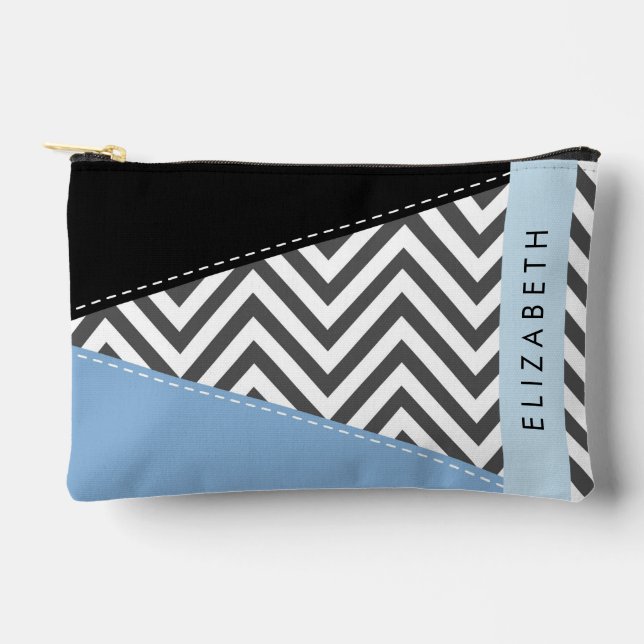 Grey Zigzag, Grey Chevron, Blue, Your Name Accessory Pouch (Front)