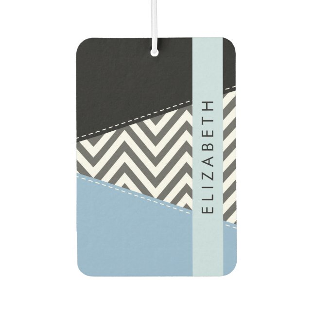 Grey Zigzag, Grey Chevron, Blue, Your Name Air Freshener (Front)