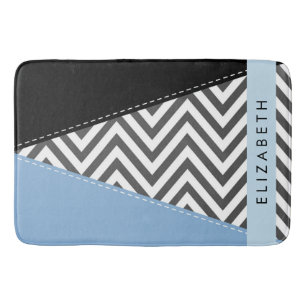 Grey Zigzag, Grey Chevron, Blue, Your Name Bath Mat