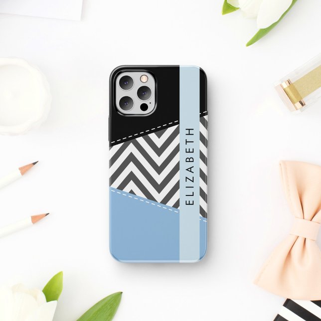Grey Zigzag, Grey Chevron, Blue, Your Name Case-Mate iPhone Case (Creator Uploaded)