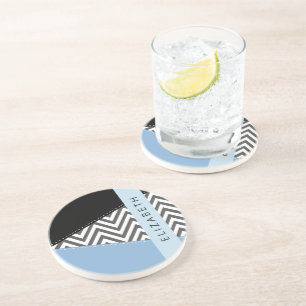 Grey Zigzag, Grey Chevron, Blue, Your Name Coaster