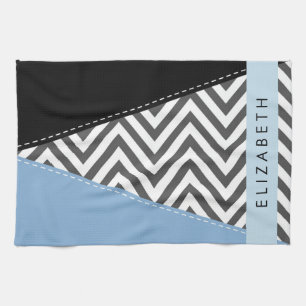 Grey Zigzag, Grey Chevron, Blue, Your Name Kitchen Towel