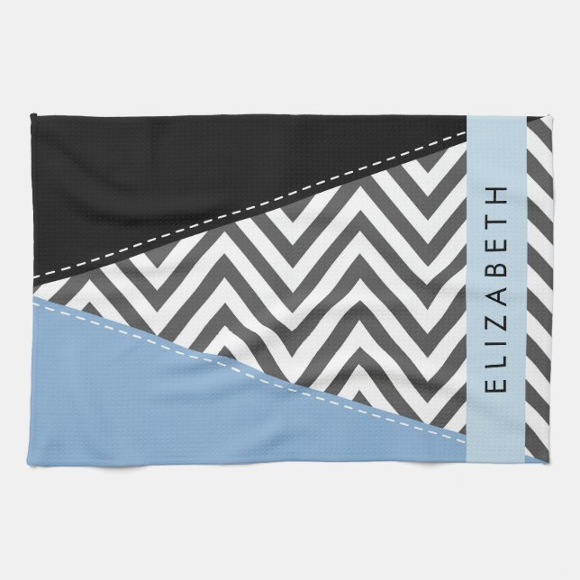 Grey Zigzag, Grey Chevron, Blue, Your Name Kitchen Towel (Horizontal)