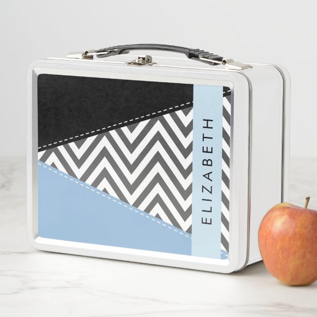 Grey Zigzag, Grey Chevron, Blue, Your Name Metal Lunch Box (In Situ)