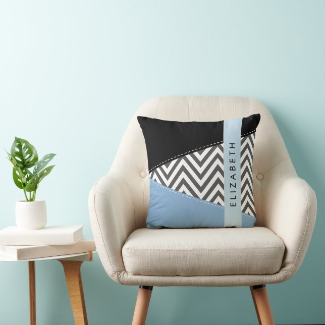 Grey Zigzag, Grey Chevron, Blue, Your Name Throw Pillow (Chair)
