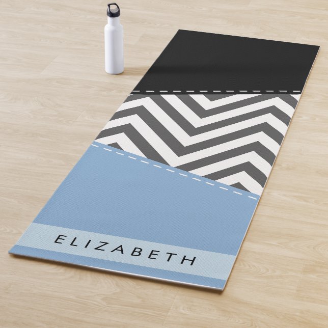 Grey Zigzag, Grey Chevron, Blue, Your Name Yoga Mat (In Situ)