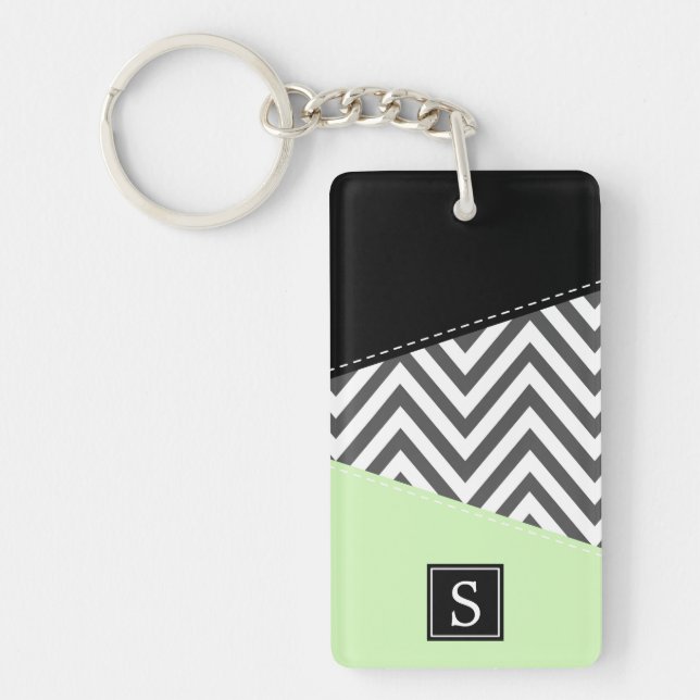 Grey Zigzag, Grey Chevron, Mint, Monogram Keychain (Front)