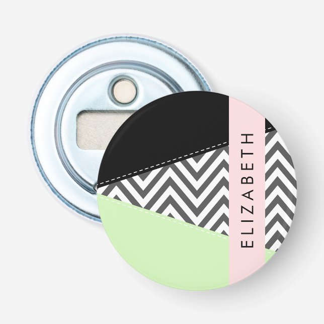 Grey Zigzag, Grey Chevron, Mint, Your Name Bottle Opener (Front)