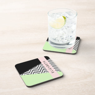 Grey Zigzag, Grey Chevron, Mint, Your Name Coaster