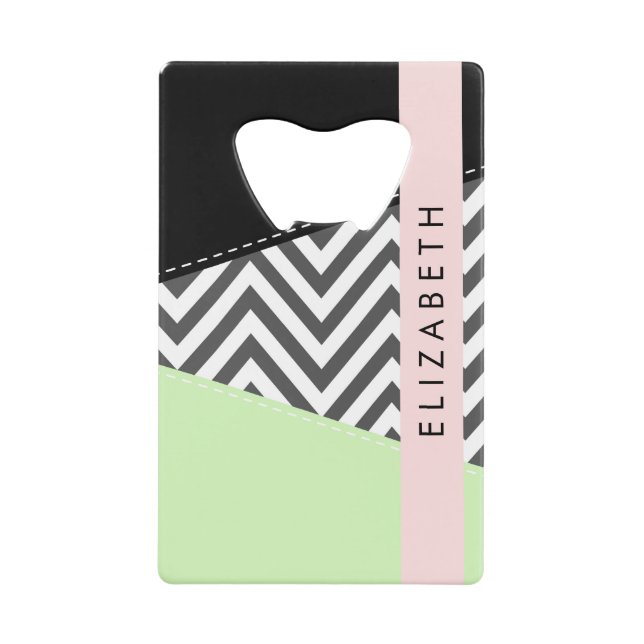 Grey Zigzag, Grey Chevron, Mint, Your Name Credit Card Bottle Opener (Front)