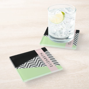 Grey Zigzag, Grey Chevron, Mint, Your Name Glass Coaster