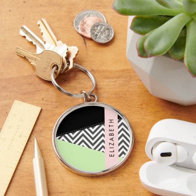 Grey Zigzag, Grey Chevron, Mint, Your Name Keychain (Desk)