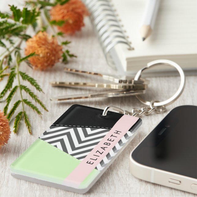 Grey Zigzag, Grey Chevron, Mint, Your Name Keychain (Front Right)