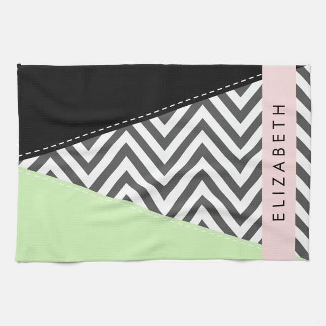 Grey Zigzag, Grey Chevron, Mint, Your Name Kitchen Towel (Horizontal)