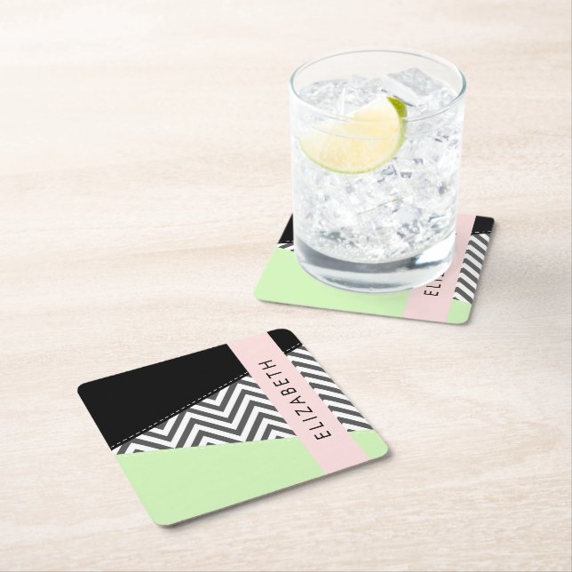 Grey Zigzag, Grey Chevron, Mint, Your Name Square Paper Coaster (Insitu)