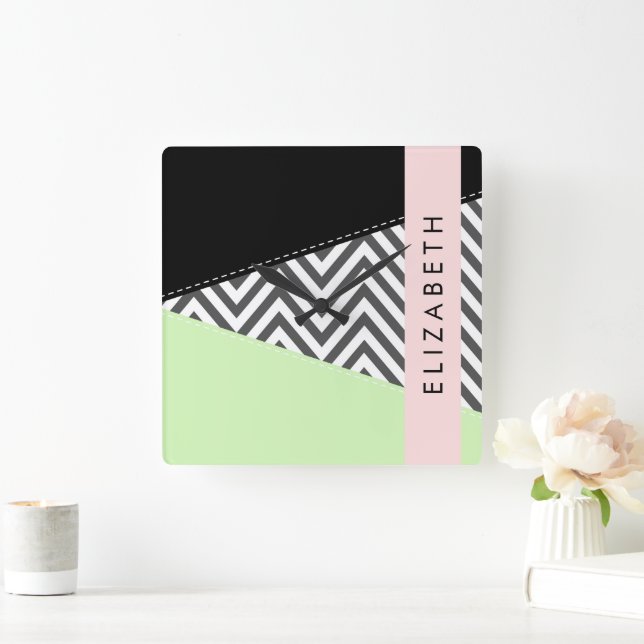 Grey Zigzag, Grey Chevron, Mint, Your Name Square Wall Clock (Home)
