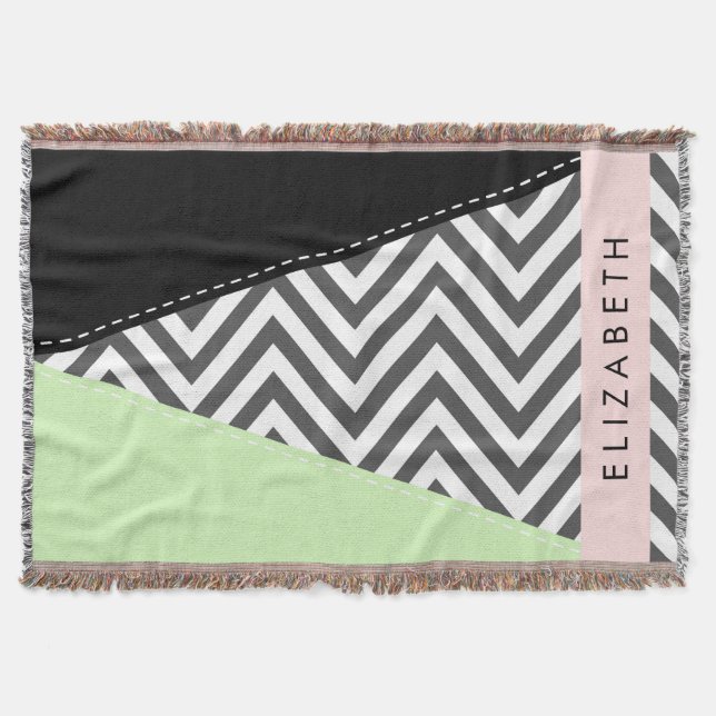 Grey Zigzag, Grey Chevron, Mint, Your Name Throw Blanket (Front)