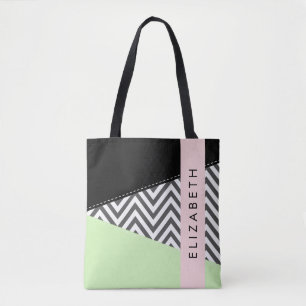 Grey Zigzag, Grey Chevron, Mint, Your Name Tote Bag