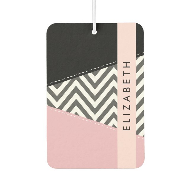 Grey Zigzag, Grey Chevron, Pink, Your Name Air Freshener (Front)