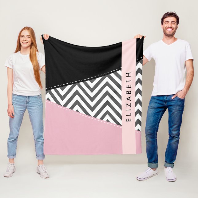Grey Zigzag, Grey Chevron, Pink, Your Name Fleece Blanket (In Situ)