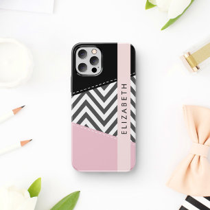 Grey Zigzag, Grey Chevron, Pink, Your Name iPhone 16 Case