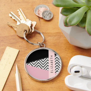 Grey Zigzag, Grey Chevron, Pink, Your Name Keychain