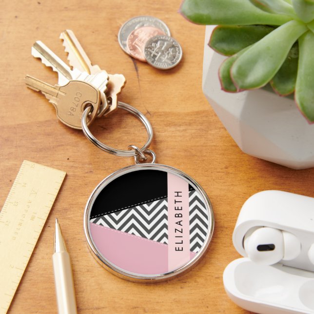 Grey Zigzag, Grey Chevron, Pink, Your Name Keychain (Desk)