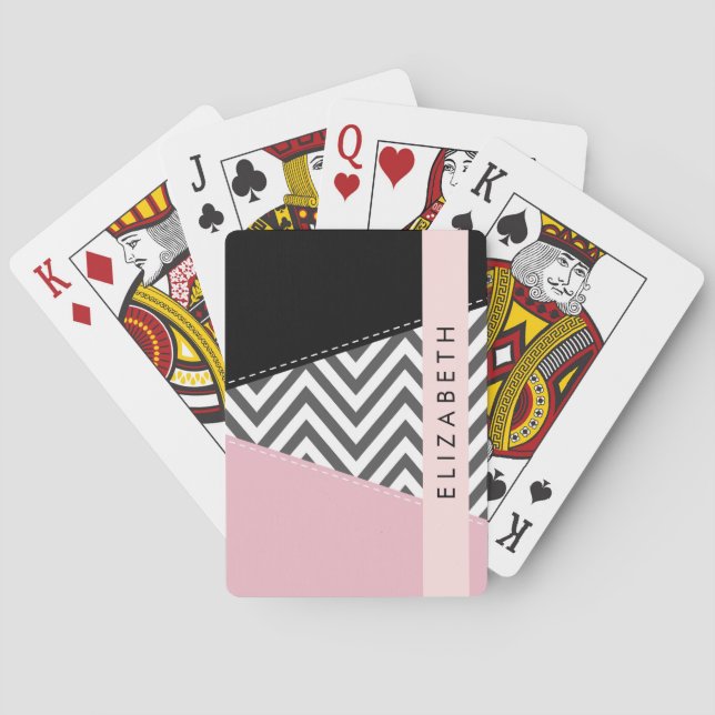 Grey Zigzag, Grey Chevron, Pink, Your Name Playing Cards (Back)