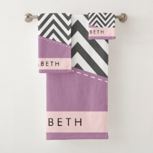 Grey Zigzag, Grey Chevron, Purple, Your Name Bath Towel Set