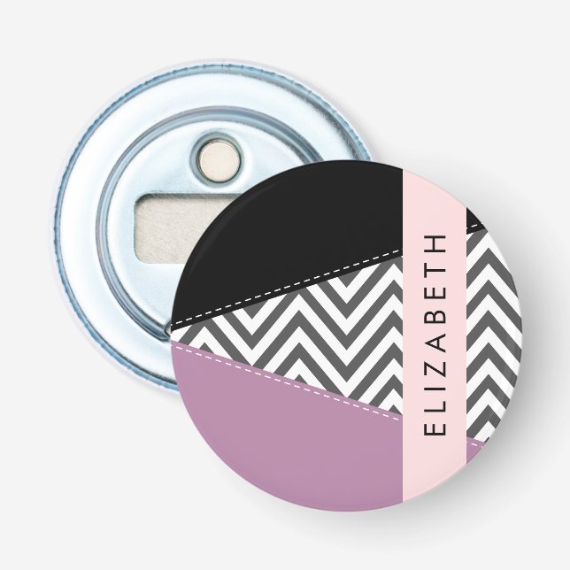Grey Zigzag, Grey Chevron, Purple, Your Name Bottle Opener (Front)