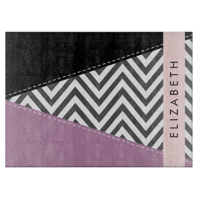 Grey Zigzag, Grey Chevron, Purple, Your Name Cutting Board (Front)