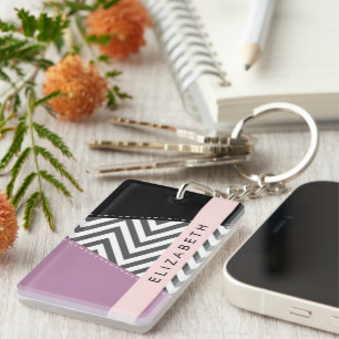 Grey Zigzag, Grey Chevron, Purple, Your Name Keychain