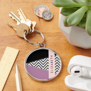 Grey Zigzag, Grey Chevron, Purple, Your Name Keychain