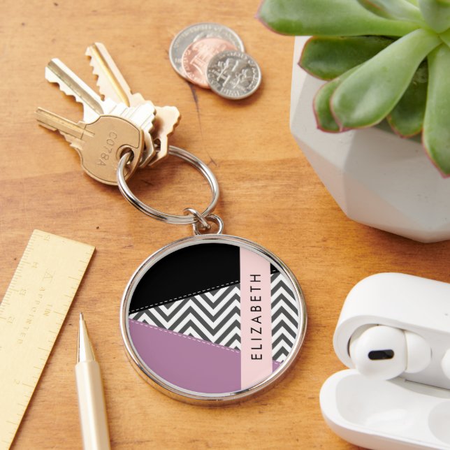 Grey Zigzag, Grey Chevron, Purple, Your Name Keychain (Desk)