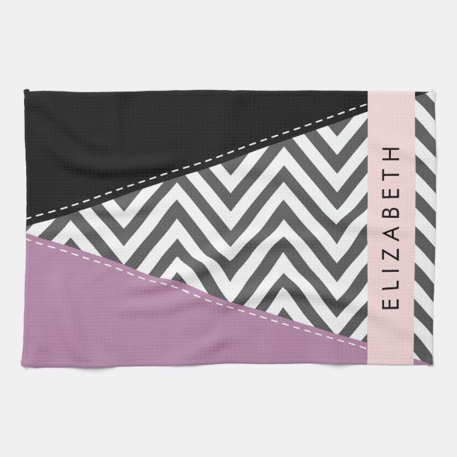 Grey Zigzag, Grey Chevron, Purple, Your Name Kitchen Towel (Horizontal)