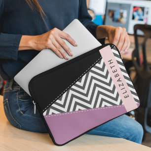 Grey Zigzag, Grey Chevron, Purple, Your Name Laptop Sleeve