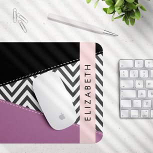 Grey Zigzag, Grey Chevron, Purple, Your Name Mouse Pad