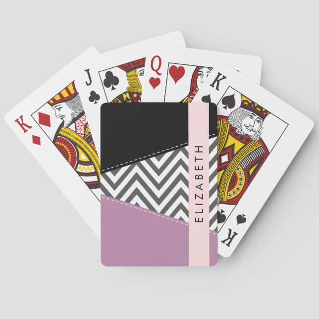 Grey Zigzag, Grey Chevron, Purple, Your Name Playing Cards (Back)