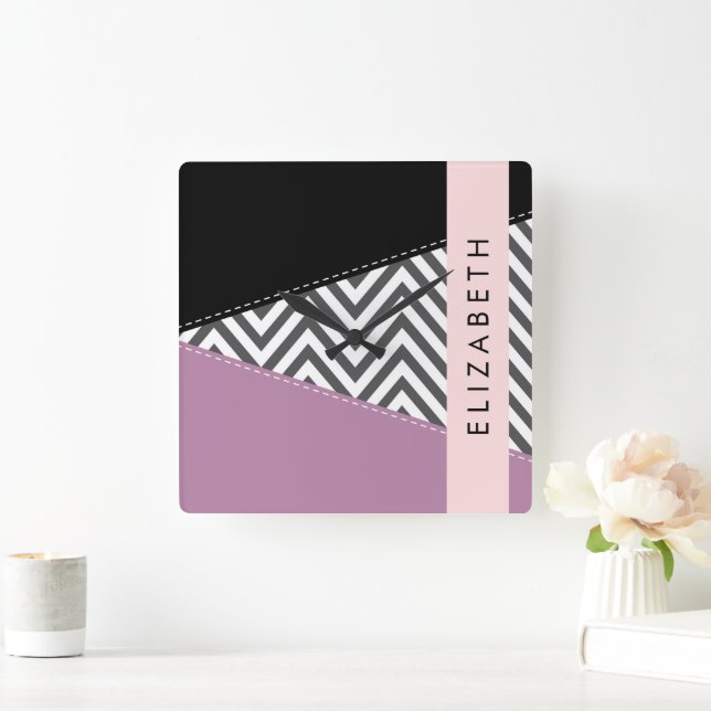 Grey Zigzag, Grey Chevron, Purple, Your Name Square Wall Clock (Home)