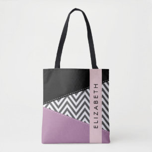 Grey Zigzag, Grey Chevron, Purple, Your Name Tote Bag