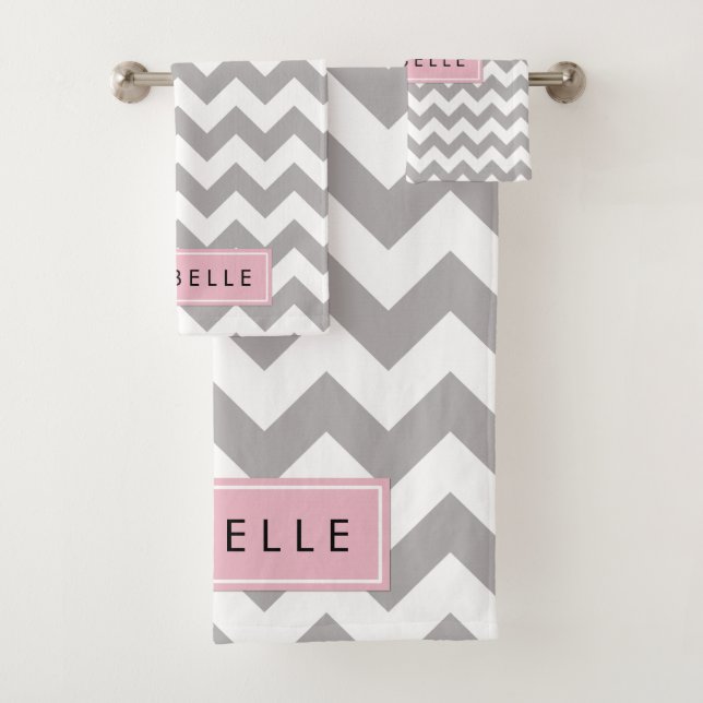 Grey Zigzag, Grey Chevron, Wave Pattern, Your Name Bath Towel Set (Insitu)