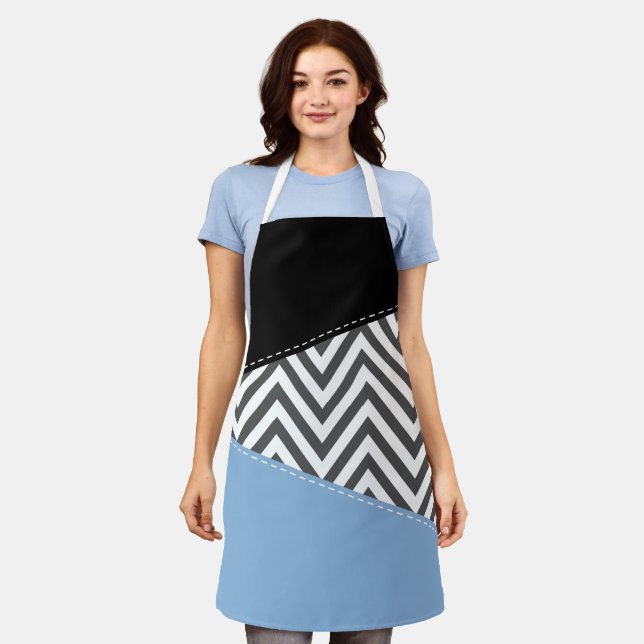 Grey Zigzag, Grey Chevron, Zigzag Pattern, Blue Apron (Worn)
