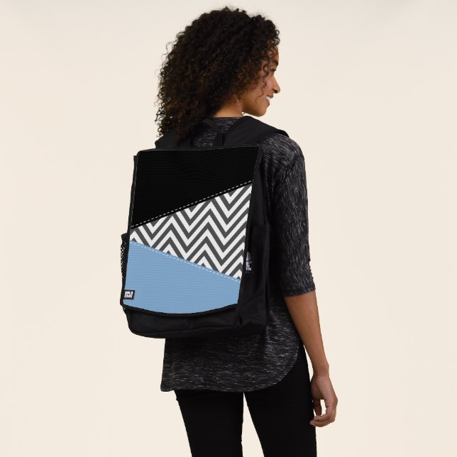 Grey Zigzag, Grey Chevron, Zigzag Pattern, Blue Backpack (Worn)