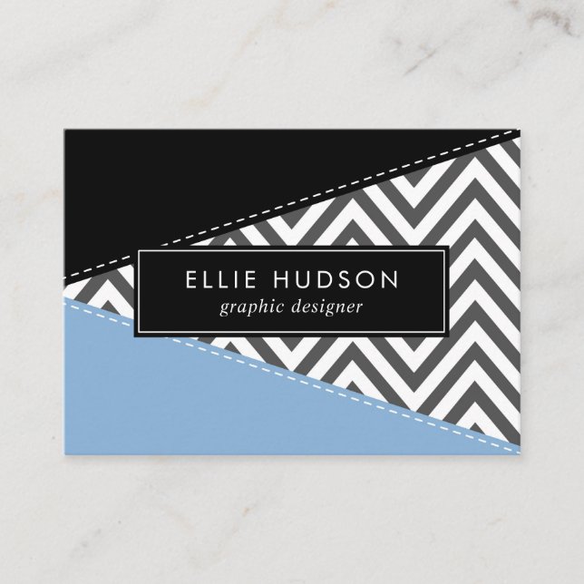 Grey Zigzag, Grey Chevron, Zigzag Pattern, Blue Business Card (Front)