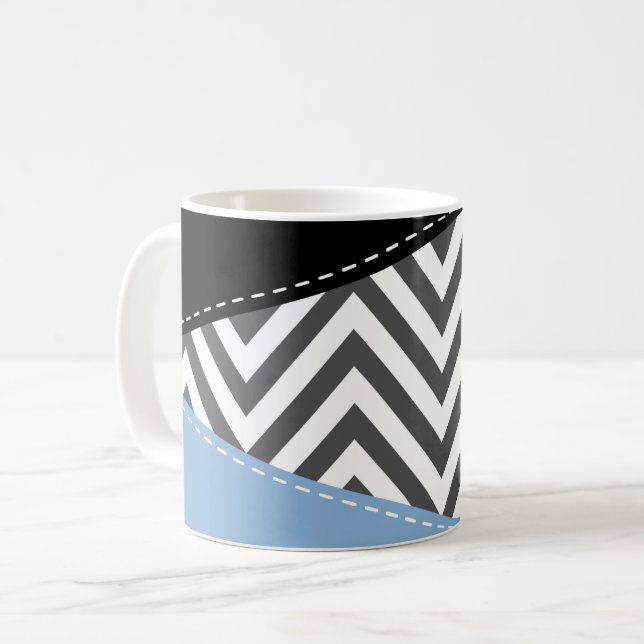 Grey Zigzag, Grey Chevron, Zigzag Pattern, Blue Coffee Mug (Front Left)