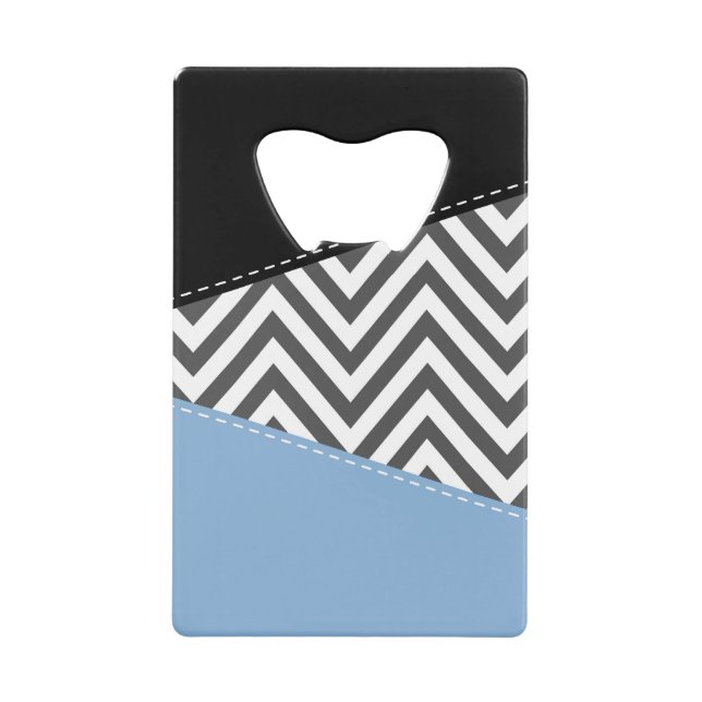 Grey Zigzag, Grey Chevron, Zigzag Pattern, Blue Credit Card Bottle Opener (Front)