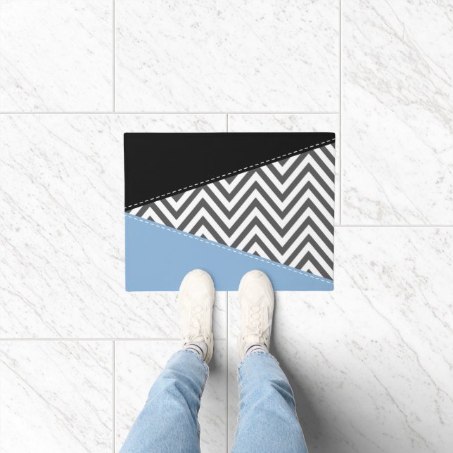 Grey Zigzag, Grey Chevron, Zigzag Pattern, Blue Doormat (Indoor)