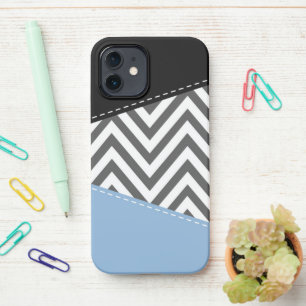 Grey Zigzag, Grey Chevron, Zigzag Pattern, Blue iPhone 12 Case