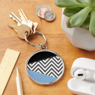 Grey Zigzag, Grey Chevron, Zigzag Pattern, Blue Keychain