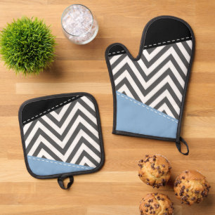Grey Zigzag, Grey Chevron, Zigzag Pattern, Blue Oven Mitt & Pot Holder Set